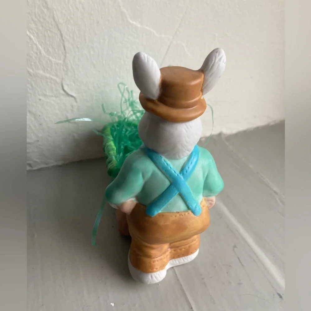 Ceramic Easter Bunny Rabbit Pushing Wheelbarrow